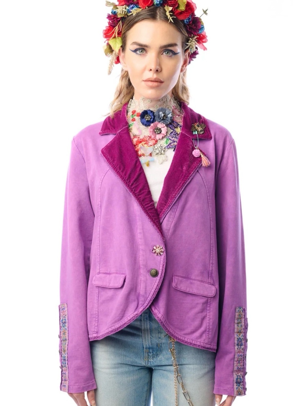 Aratta Colonel Velvet-Trim Blazer Jacket in Violet #boho #cottagecore #tailored